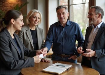 Four professionally dressed people stand around a table with a notebook, exchanging a business card in a well-lit office setting.