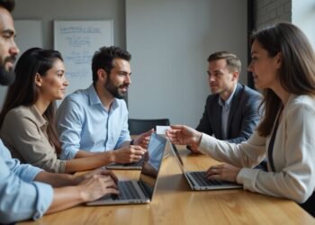 Five people sit around a table with laptops, engaged in a discussion in a modern office setting. One woman hands a business card to a man across the table.