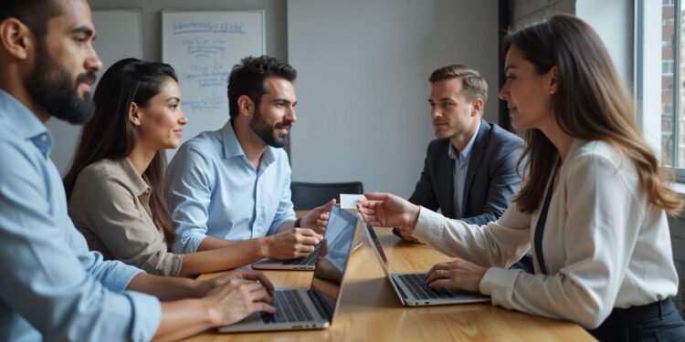 Five people sit around a table with laptops, engaged in a discussion in a modern office setting. One woman hands a business card to a man across the table.