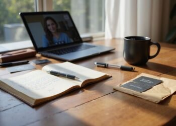 A wooden desk with an open notebook, pens, a coffee mug, a laptop showing a video call, and some papers in natural daylight.