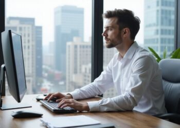 A man in a white shirt works at a desktop computer in a modern office with large windows overlooking a cityscape.