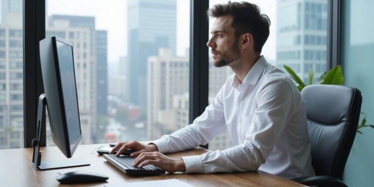 A man in a white shirt works at a desktop computer in a modern office with large windows overlooking a cityscape.