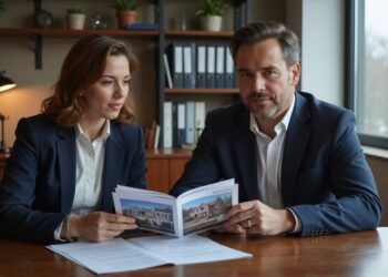 Two people in business attire sit at a desk reviewing real estate brochures, with documents and office shelves in the background.