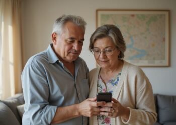 An older man and woman stand close together in a living room, both looking at a smartphone the man is holding. A map hangs on the wall behind them.