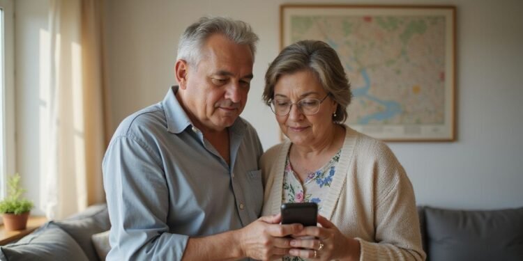 An older man and woman stand close together in a living room, both looking at a smartphone the man is holding. A map hangs on the wall behind them.