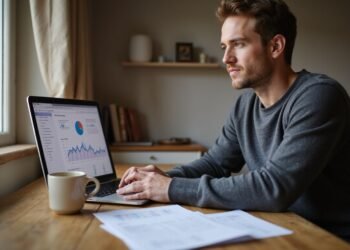 Man sitting at a wooden desk, working on a laptop displaying graphs and charts, with a coffee mug and documents nearby, in a home office setting.