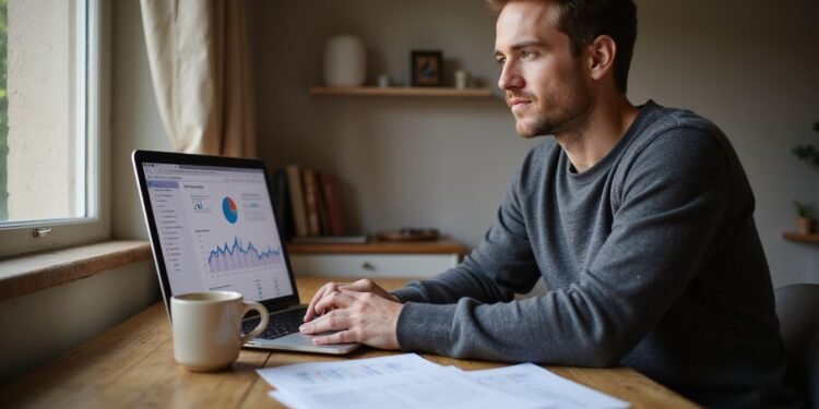Man sitting at a wooden desk, working on a laptop displaying graphs and charts, with a coffee mug and documents nearby, in a home office setting.