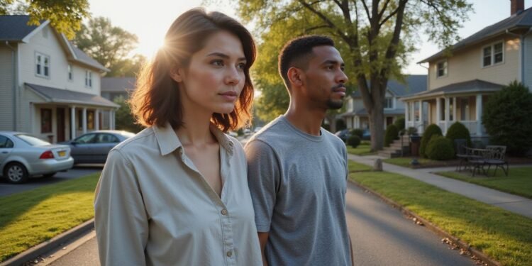 Two people stand side by side on a suburban street with houses and trees in the background during daylight.
