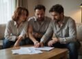 Three people sit on a couch reviewing documents on a wooden table, appearing focused and engaged in discussion.