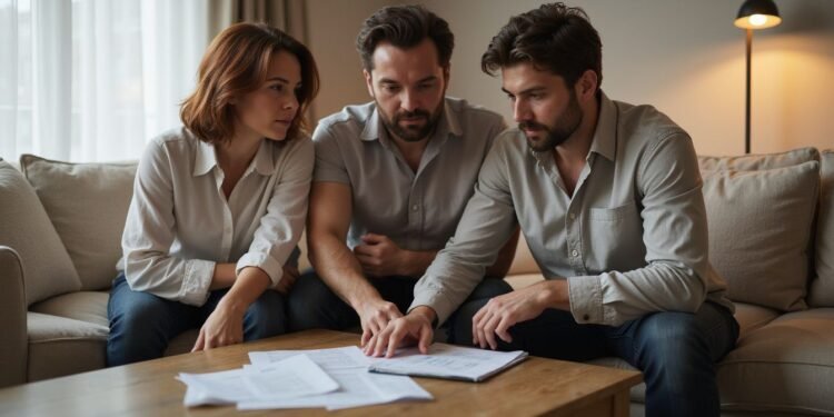 Three people sit on a couch reviewing documents on a wooden table, appearing focused and engaged in discussion.