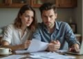 A man and woman sit at a kitchen table reviewing papers together, looking serious and focused, with a laptop and documents spread out in front of them.