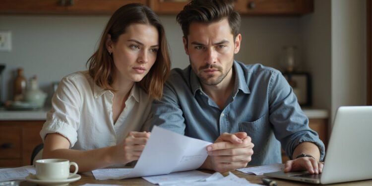 A man and woman sit at a kitchen table reviewing papers together, looking serious and focused, with a laptop and documents spread out in front of them.