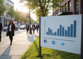 People walk along a city sidewalk near an office building; a sign in the foreground displays a bar chart and social media icons.