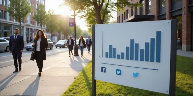 People walk along a city sidewalk near an office building; a sign in the foreground displays a bar chart and social media icons.