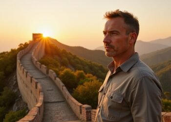 A man stands on the Great Wall of China at sunset, with sunlight illuminating the wall and surrounding green hills.