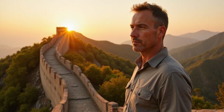 A man stands on the Great Wall of China at sunset, with sunlight illuminating the wall and surrounding green hills.