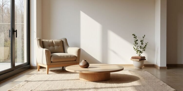 Minimalist living room with a beige armchair, round wooden coffee table, potted plant, and stack of books on a woven rug by large windows with natural light.