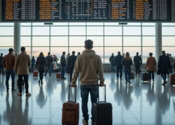A group of travelers with luggage stand facing a large flight information board in an airport terminal with large windows.