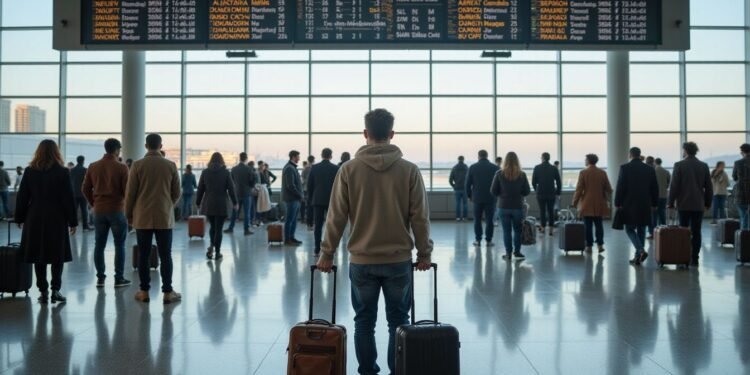 A group of travelers with luggage stand facing a large flight information board in an airport terminal with large windows.