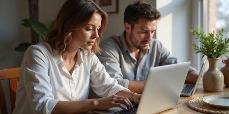 Two people sit at a wooden table, each working on a laptop. Sunlight streams through a window, and a potted plant is on the table.