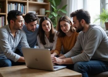 Five people sit closely around a laptop on a coffee table, focused on the screen, in a well-lit living room with bookshelves and plants in the background.