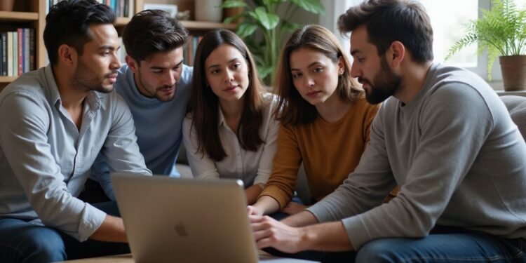 Five people sit closely around a laptop on a coffee table, focused on the screen, in a well-lit living room with bookshelves and plants in the background.