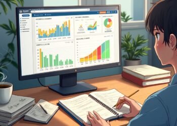 A person sits at a desk with a notebook, taking notes while viewing colorful charts and graphs on a large computer monitor; a coffee cup and books are nearby.