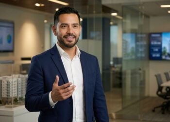 A man in a navy suit and white shirt gestures while speaking in a modern office with glass walls, desks, and screens in the background.