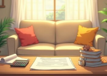 A coffee table with papers, a calculator, a roll of paper, and stacked books sits in front of a beige sofa with colorful pillows in a well-lit living room.