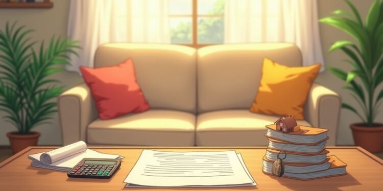 A coffee table with papers, a calculator, a roll of paper, and stacked books sits in front of a beige sofa with colorful pillows in a well-lit living room.
