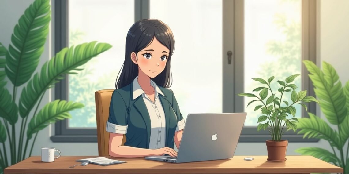 A woman with long dark hair works on a laptop at a wooden desk with a mug, notebook, and potted plants, in a sunlit room with large windows and greenery.