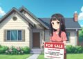 Anime-style illustration of a girl holding a "For Sale: Price Reduced" sign in front of a single-story house with a yard and flowers.