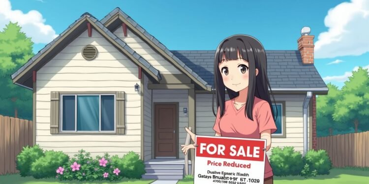 Anime-style illustration of a girl holding a "For Sale: Price Reduced" sign in front of a single-story house with a yard and flowers.