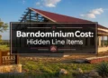 Completed barndominium with metal siding and a covered porch on rural acreage