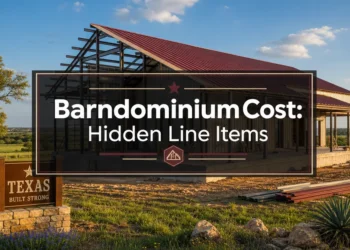 Completed barndominium with metal siding and a covered porch on rural acreage