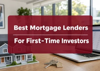 Loan officer desk with a model duplex, rate sheet and house keys for a first-time investor mortgage