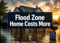 Suburban home inside a FEMA designated flood zone with floodwater nearby