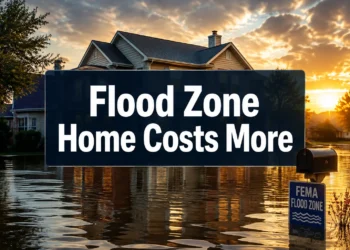 Suburban home inside a FEMA designated flood zone with floodwater nearby