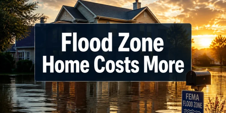 Suburban home inside a FEMA designated flood zone with floodwater nearby