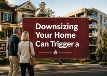 Older couple reviewing capital gains paperwork while downsizing their home