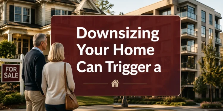 Older couple reviewing capital gains paperwork while downsizing their home