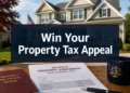Homeowner organizing comparable sales documents for a property tax appeal hearing