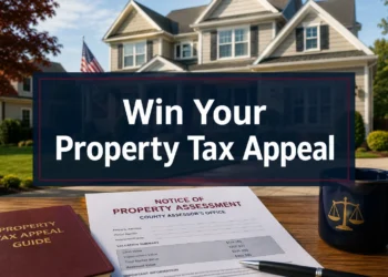 Homeowner organizing comparable sales documents for a property tax appeal hearing