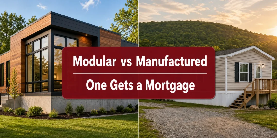 Side by side comparison of a modular home and a manufactured home on residential lots