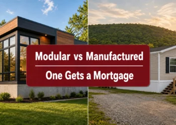 Side by side comparison of a modular home and a manufactured home on residential lots
