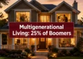 Three generations of one family outside their shared multigenerational home
