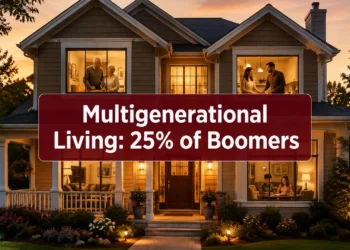Three generations of one family outside their shared multigenerational home