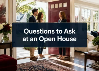 Buyers touring a staged living room during an open house